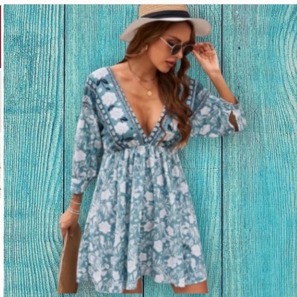 Boho Floral‎ Print Mini Dress V Neck 3/4 Sleeve Summer Beach Vacation - Picture 1 of 2